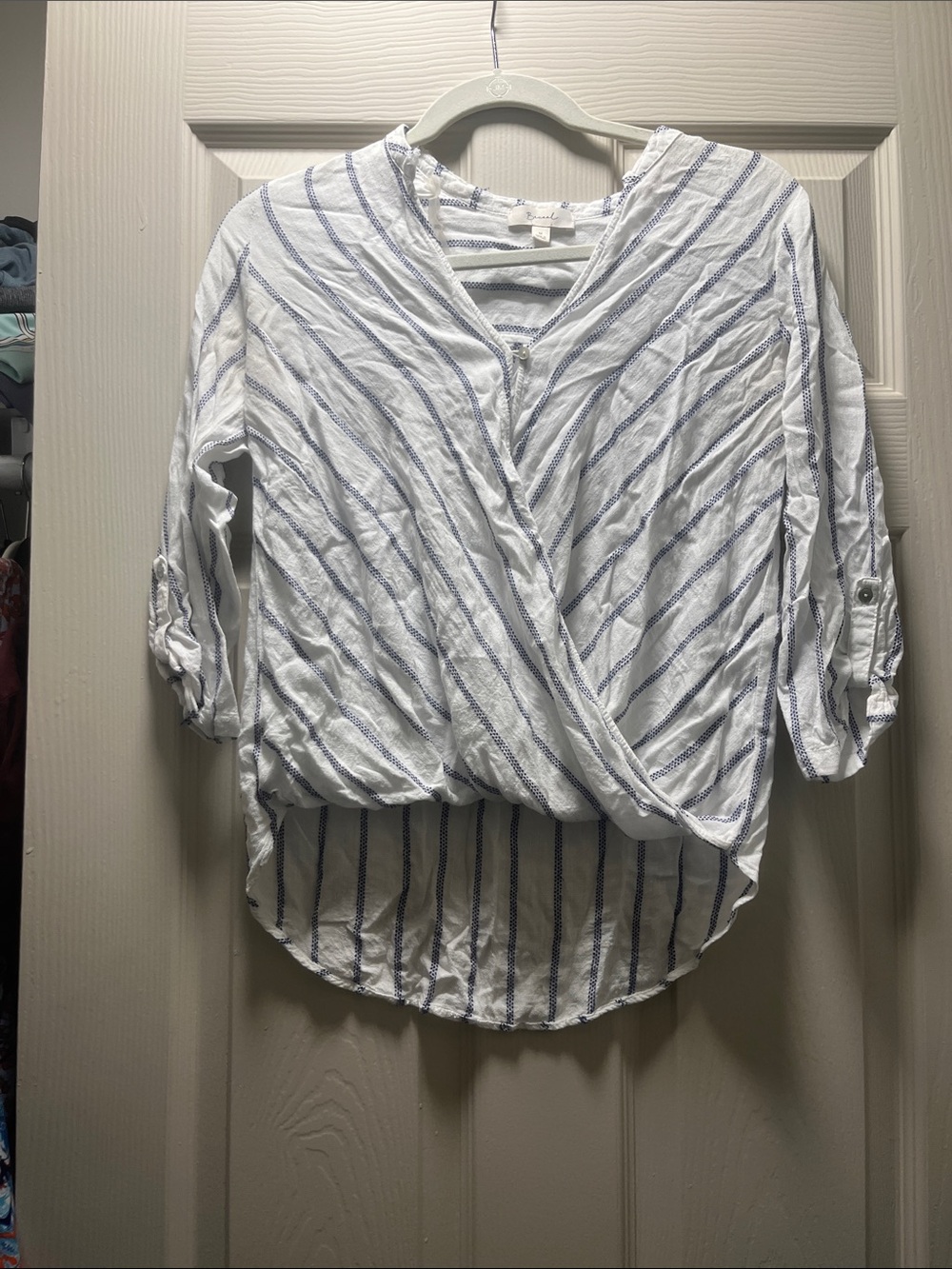 Striped White and Blue Surplice Roll-Tab Blouse